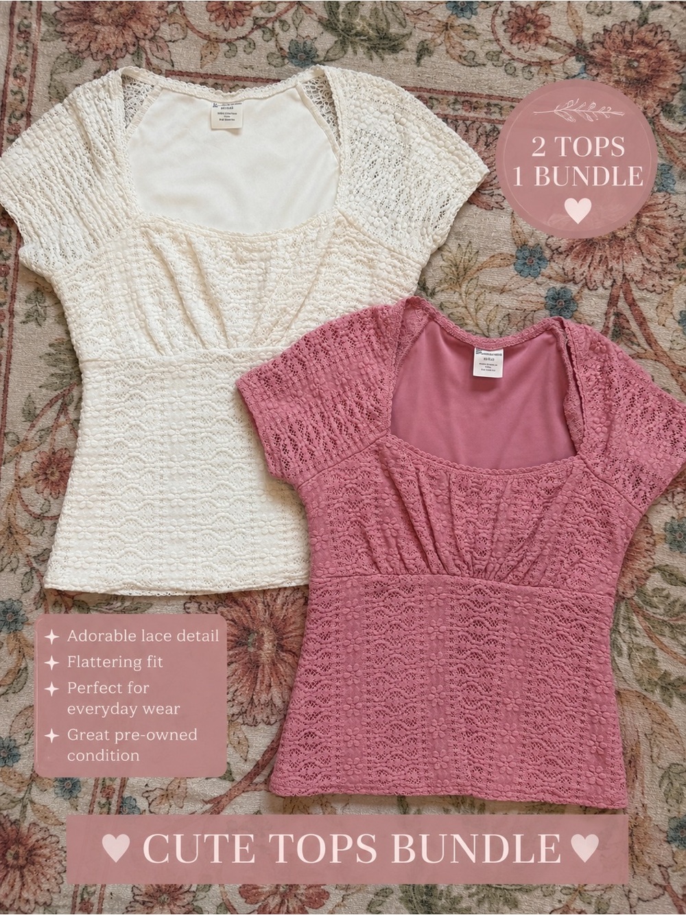 Cute Lace Scoop Neck Top - Pink or Cream (2-Pack)